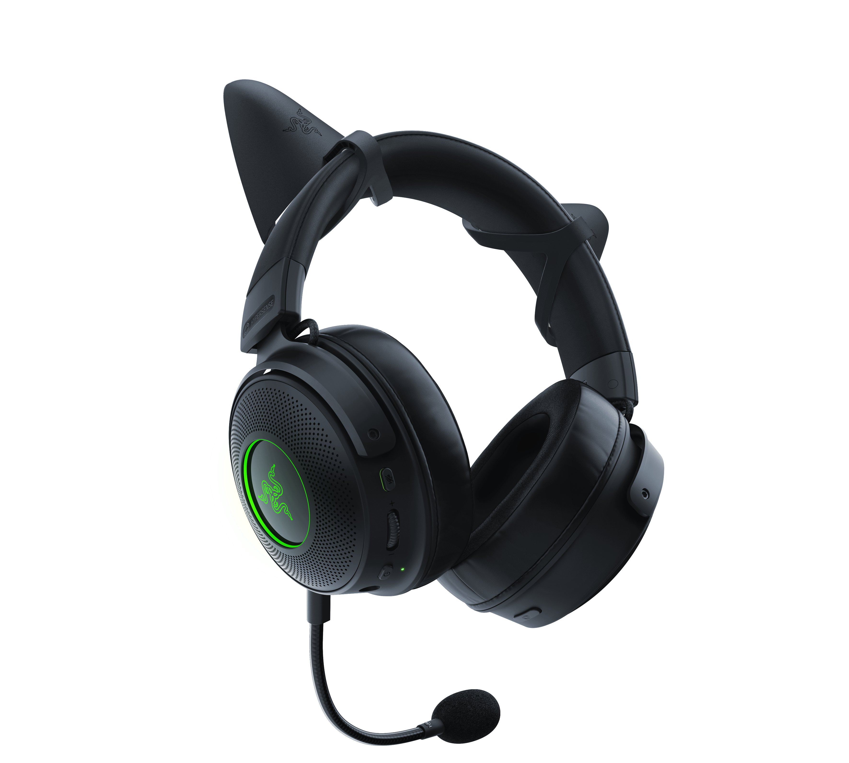 Schwarzes Headset mit Katzenohren und grünem Logo.