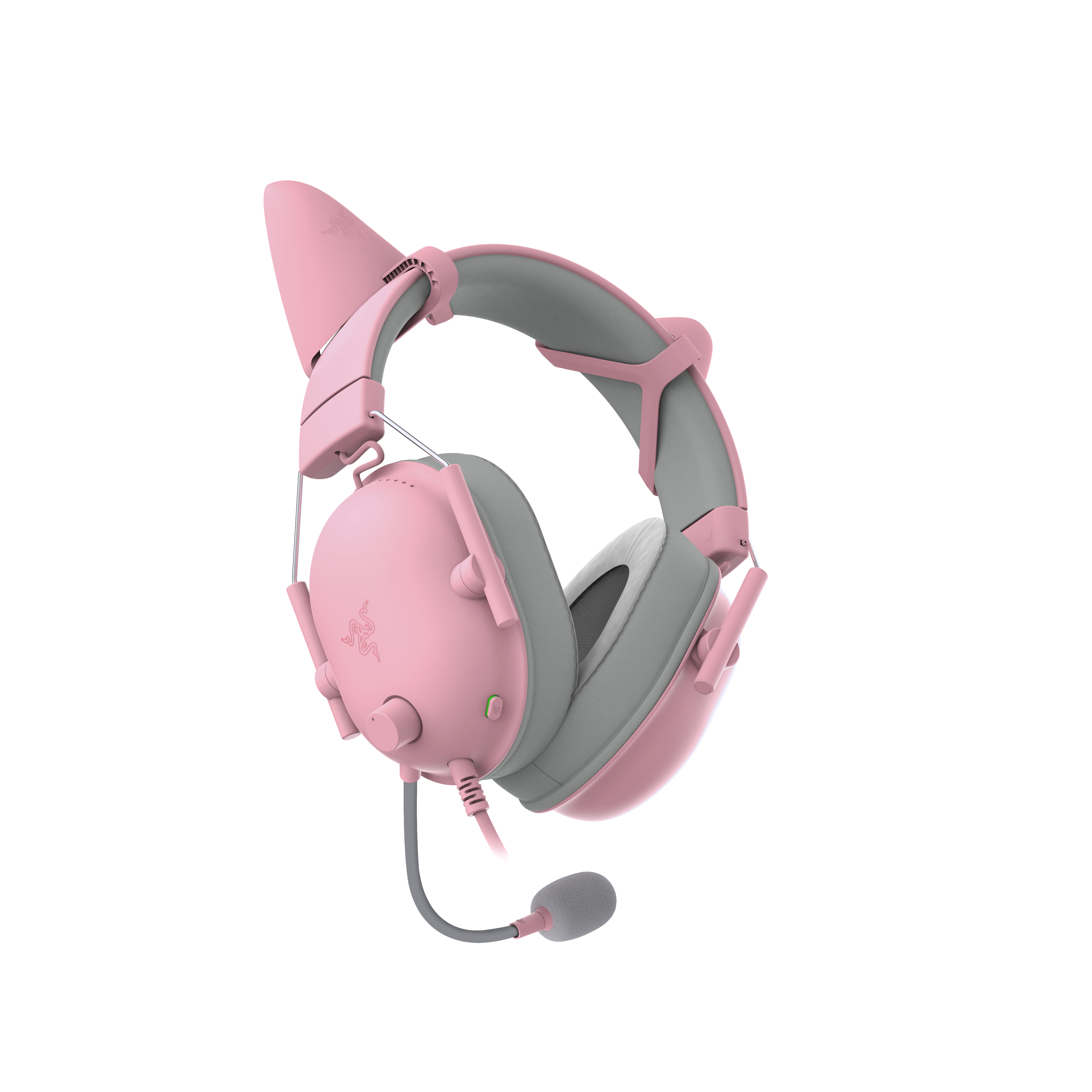 Rosa Gaming-Headset mit Katzenohren. Graue Akzente, ein Mikrofon und ein weißer Hintergrund.