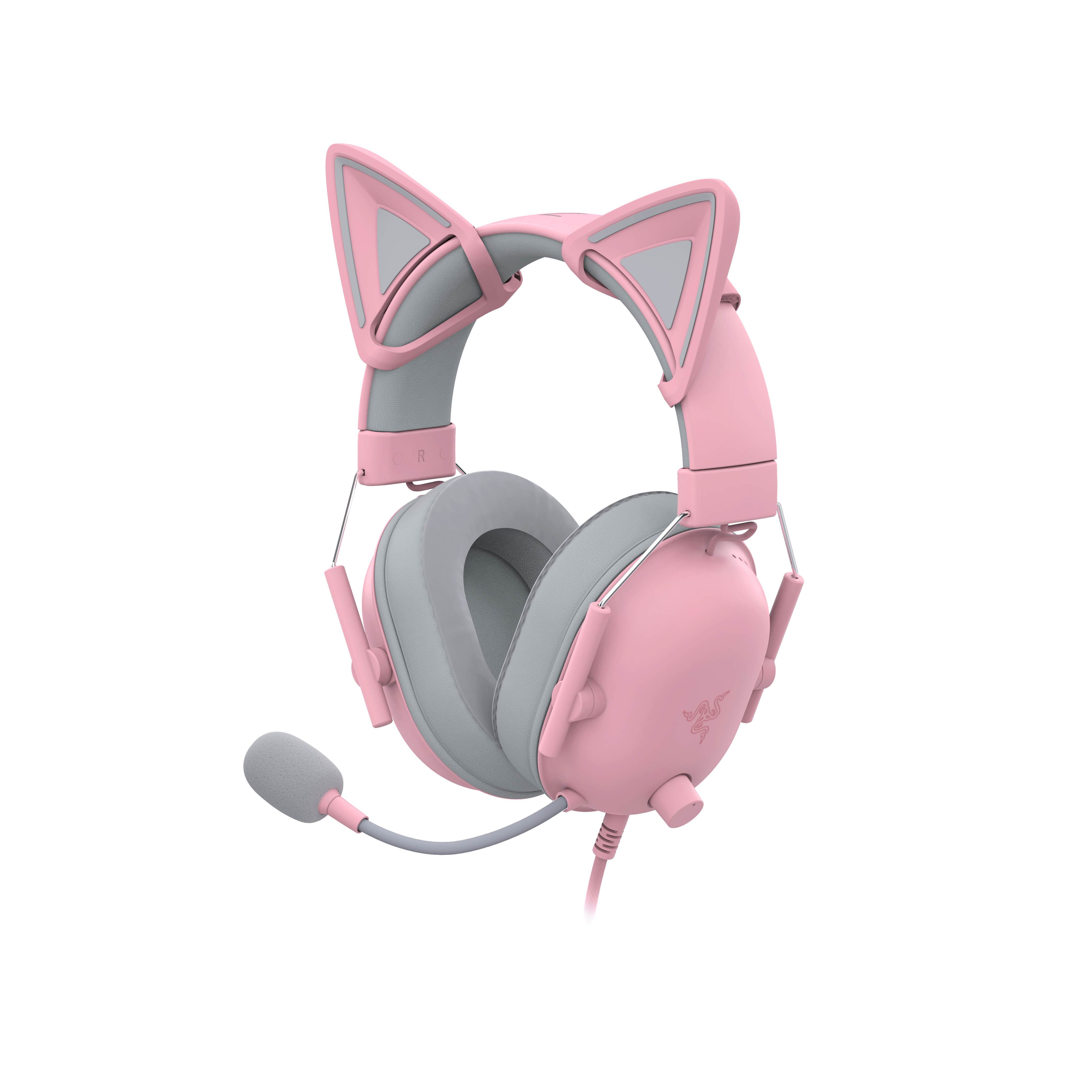 Rosa Headset mit Katzenohren und grauen Details.