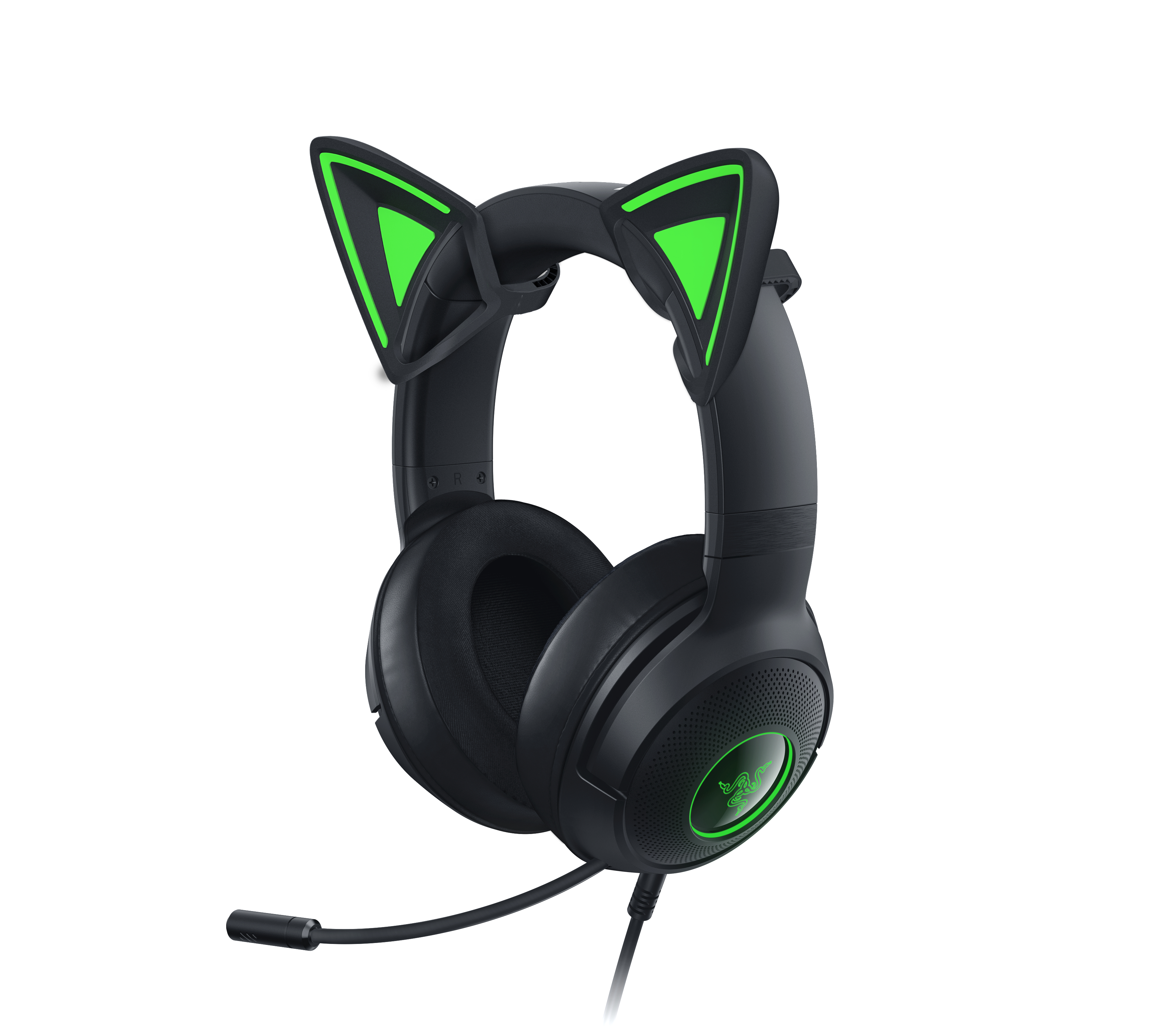 Gaming-Headset, schwarz mit grünen Katzenohren. Grünes Logo auf der Ohrmuschel, schwarzes Mikrofon.