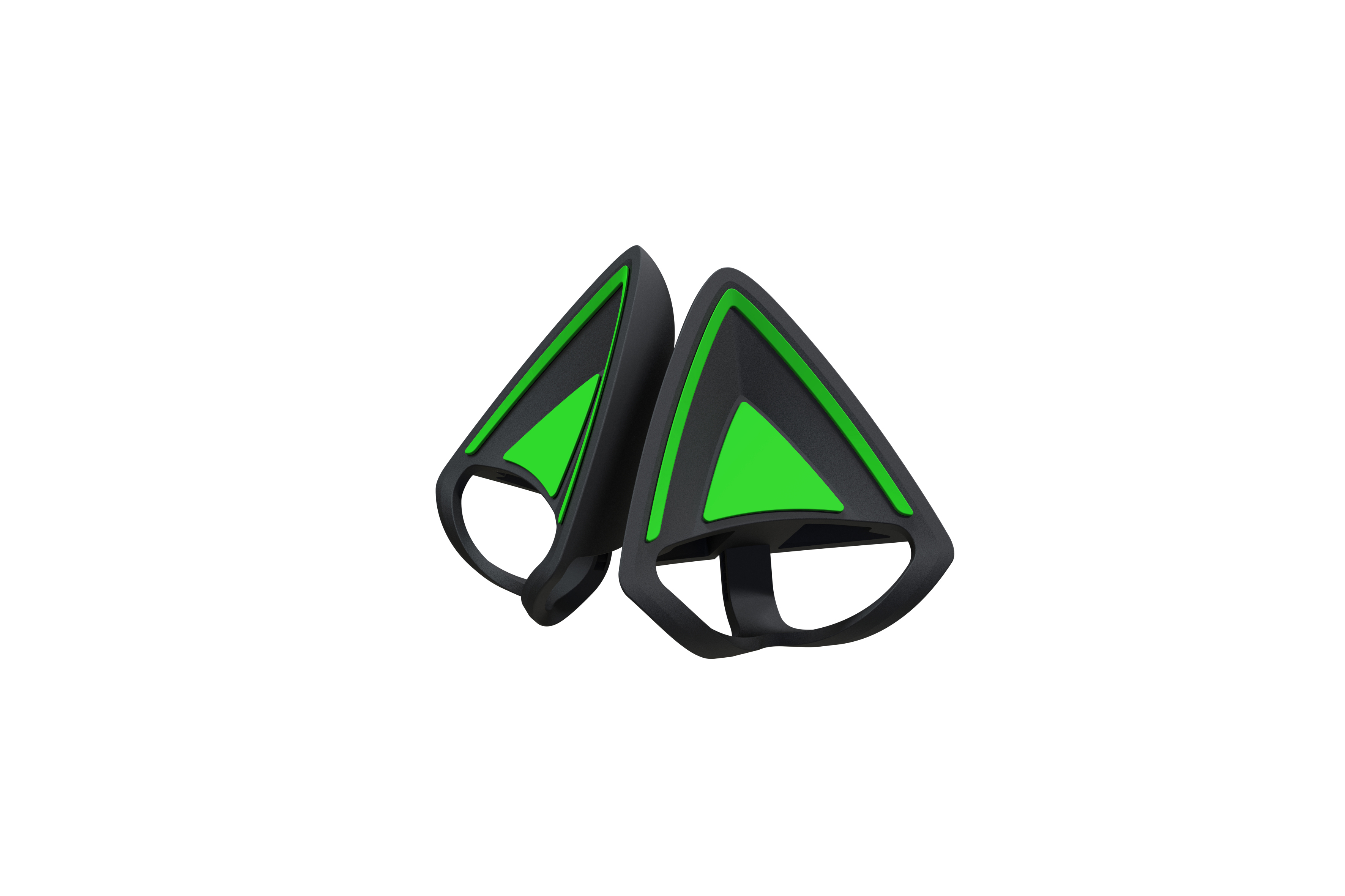 Zwei schwarz-grüne katzenohrförmige Accessoires. Sie sind schwarz mit grün in der Mitte.