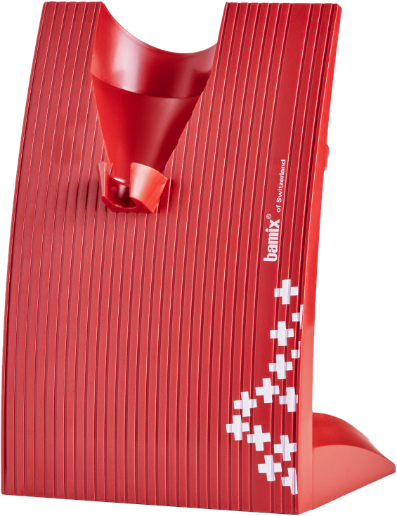 Un supporto rosso per un elettrodomestico da cucina, con un imbuto e il marchio "bamix".
