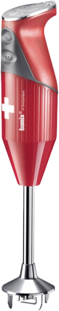 Un frullatore a immersione Bamix rosso con il logo della croce svizzera. Ha un accessorio di miscelazione in acciaio inossidabile.