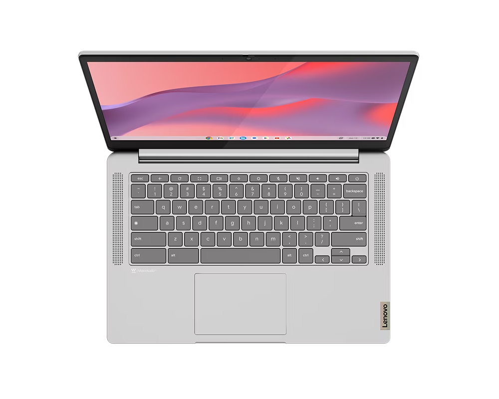 Laptop Lenovo, vista superior, abierto, teclado visible.