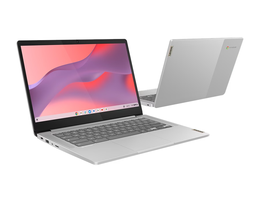 Ordenador portátil plateado que muestra dos ángulos, con un fondo rosa claro en la pantalla.