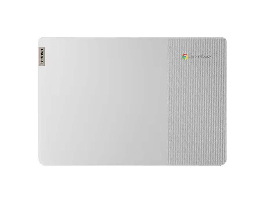 Un Lenovo Chromebook, vista superior, color blanco, con un área texturizada gris plateado a la derecha.