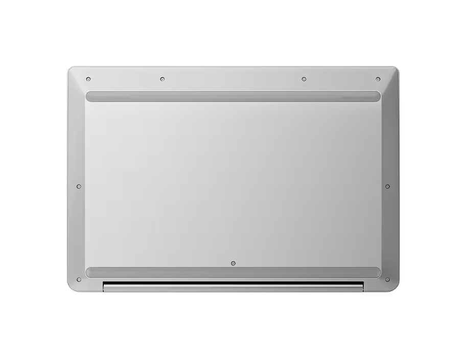 Vista superior de la base de una computadora portátil gris claro con varios orificios para tornillos y una ventilación en la parte inferior.
