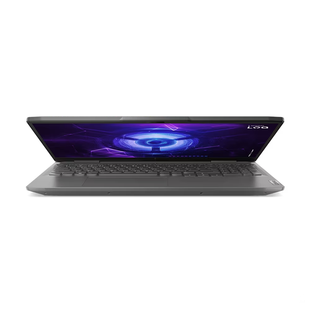 Ordenador portátil abierto sobre fondo negro. Pantalla con diseño futurista. Logotipo Lenovo visible.