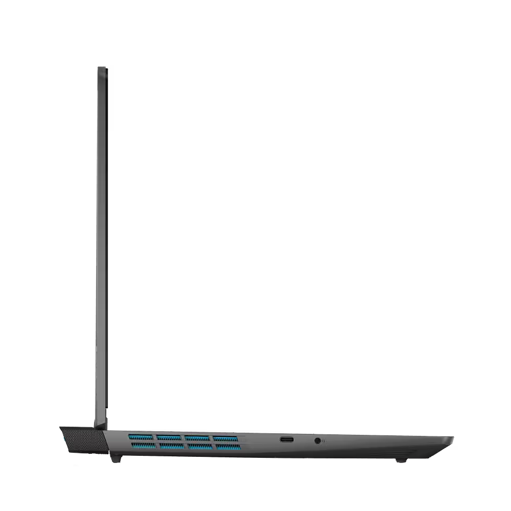 Perfil lateral de un portátil. Es negro con teclado iluminado en azul.