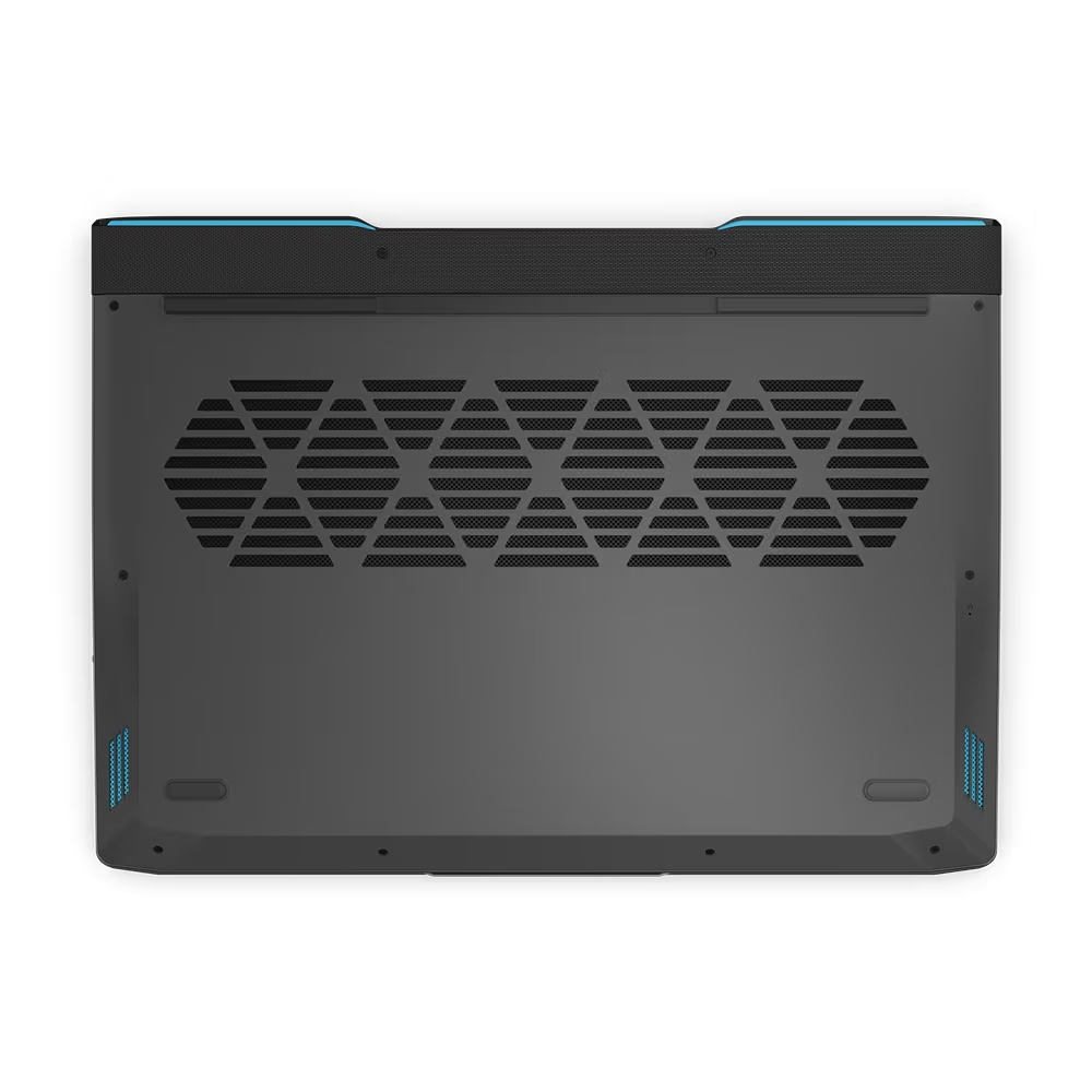 Vista inferior de un portátil para juegos negro con orificios de ventilación y luces de acento azul.
