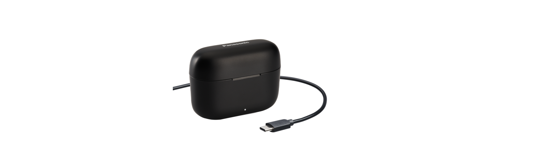 Egy fekete töltőtok vezeték nélküli fülhallgatókhoz, USB-C kábellel.