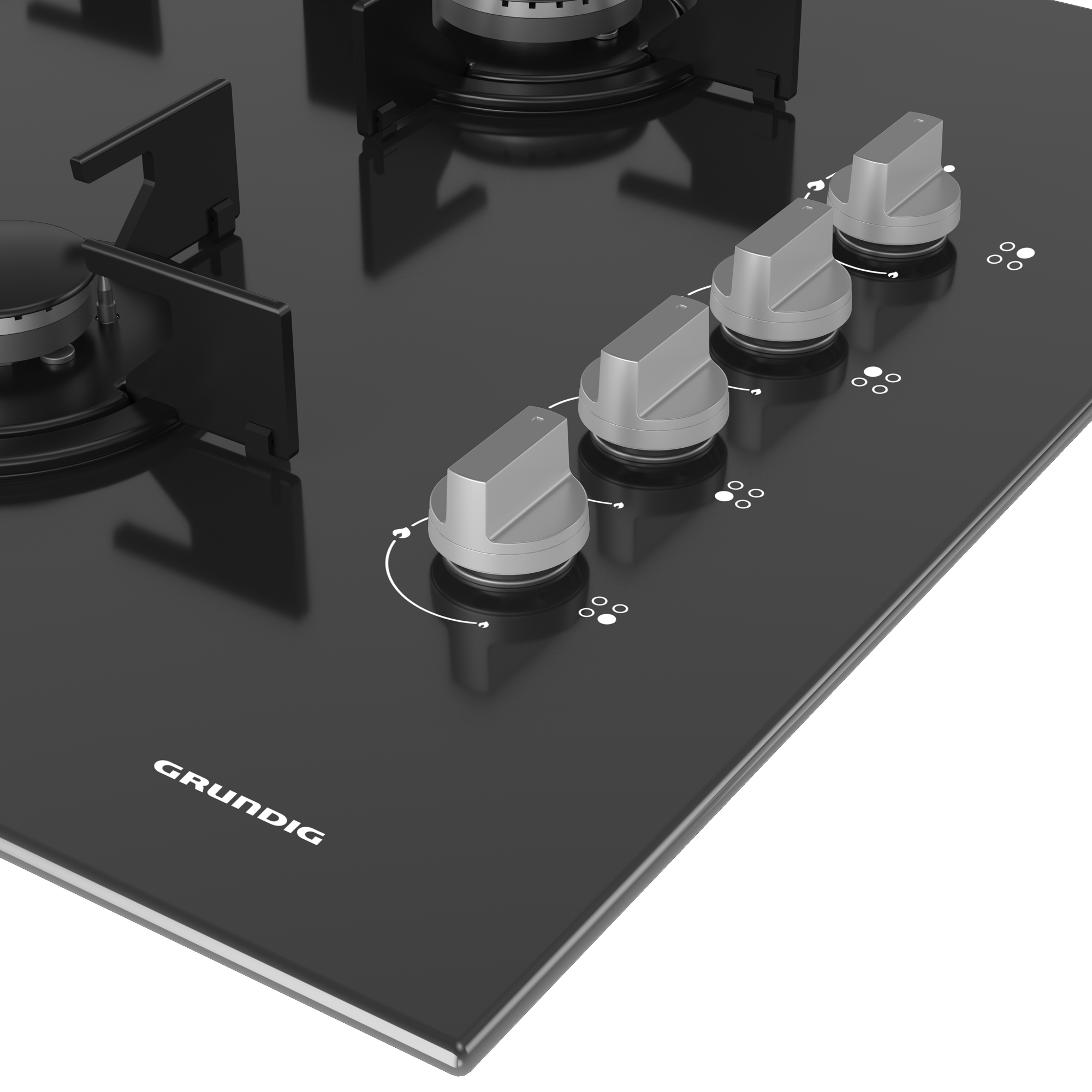 Gümüş düğmeli ve Grundig logosu olan siyah bir cam ocak.