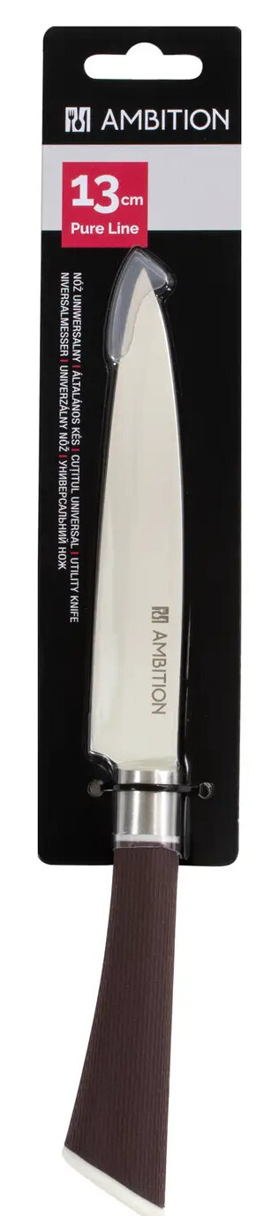 Nóż kuchenny w czarno-białym opakowaniu. Rękojeść jest brązowa.