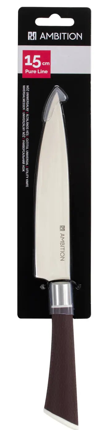 Nóż w opakowaniu, czarno-biały z nazwą marki 'Ambition'.