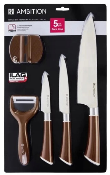 Zestaw noży na ciemnym tle. Zawiera obieraczkę i 4 noże.