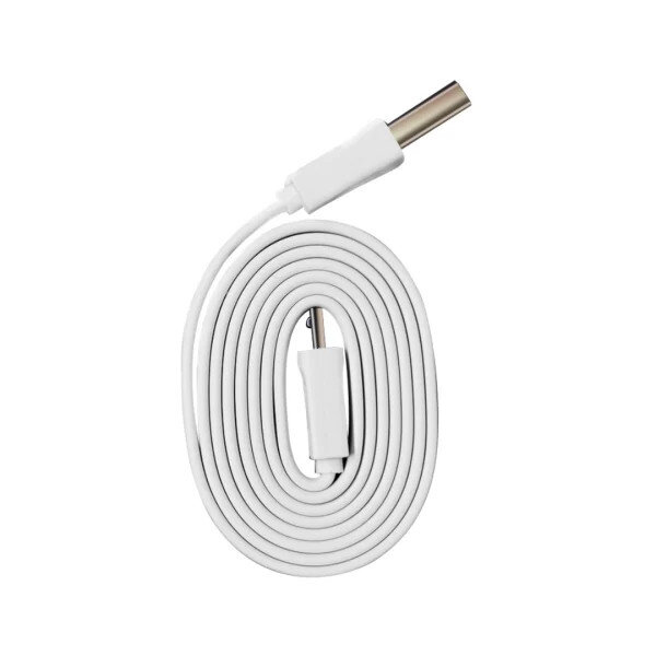 Biały kabel USB zwinięty, ze złączem USB-A na jednym końcu.