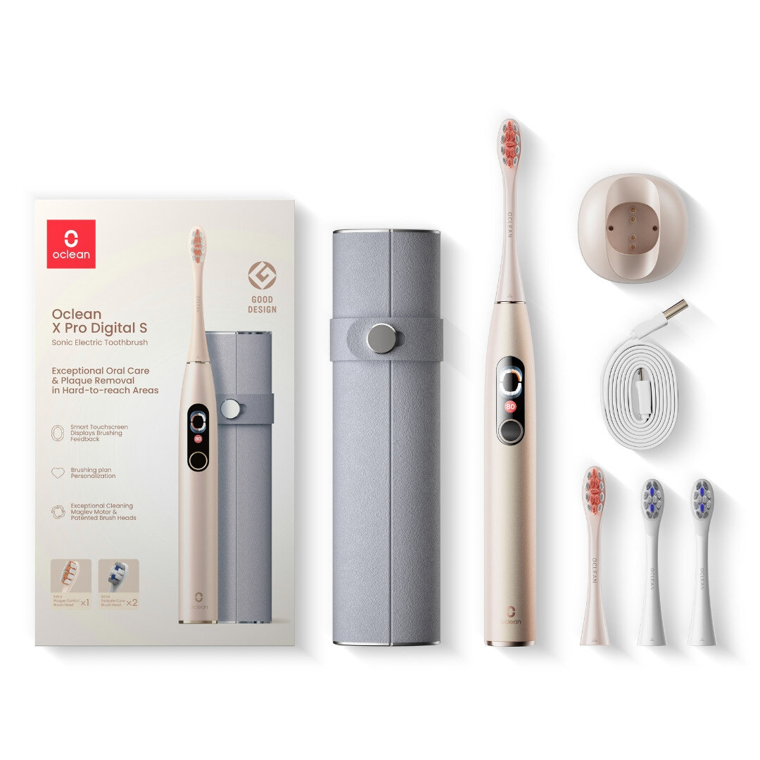 Zestaw szczoteczki do zębów Oclean X Pro Digital S. Zawiera szczoteczkę, ładowarkę i dodatkowe końcówki. Białe tło.
