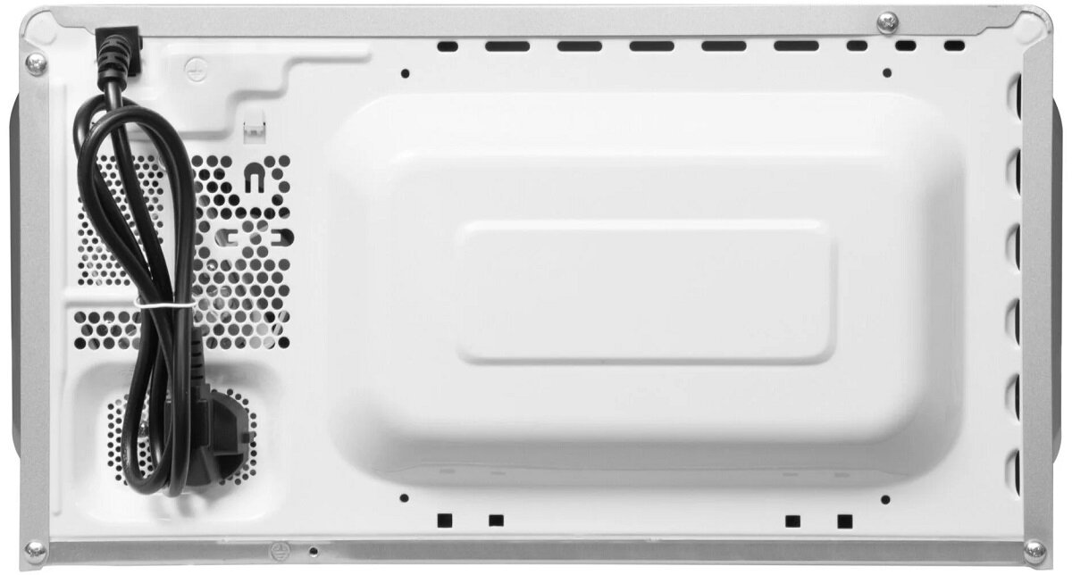 Widok z tyłu białej kuchenki mikrofalowej z czarnym przewodem zasilającym i otworami wentylacyjnymi.