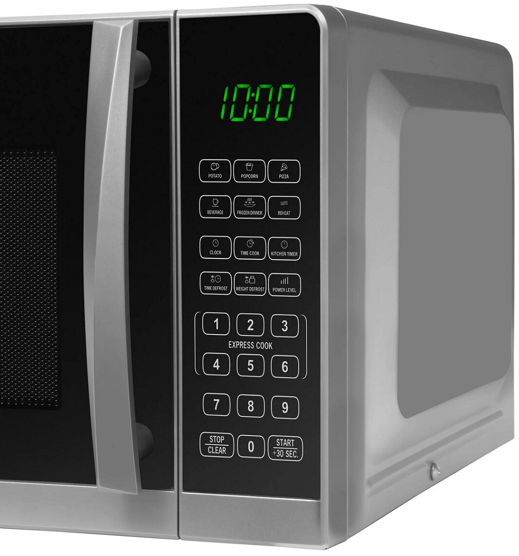 Srebrna kuchenka mikrofalowa z czarnym panelem sterowania i zielonym wyświetlaczem.