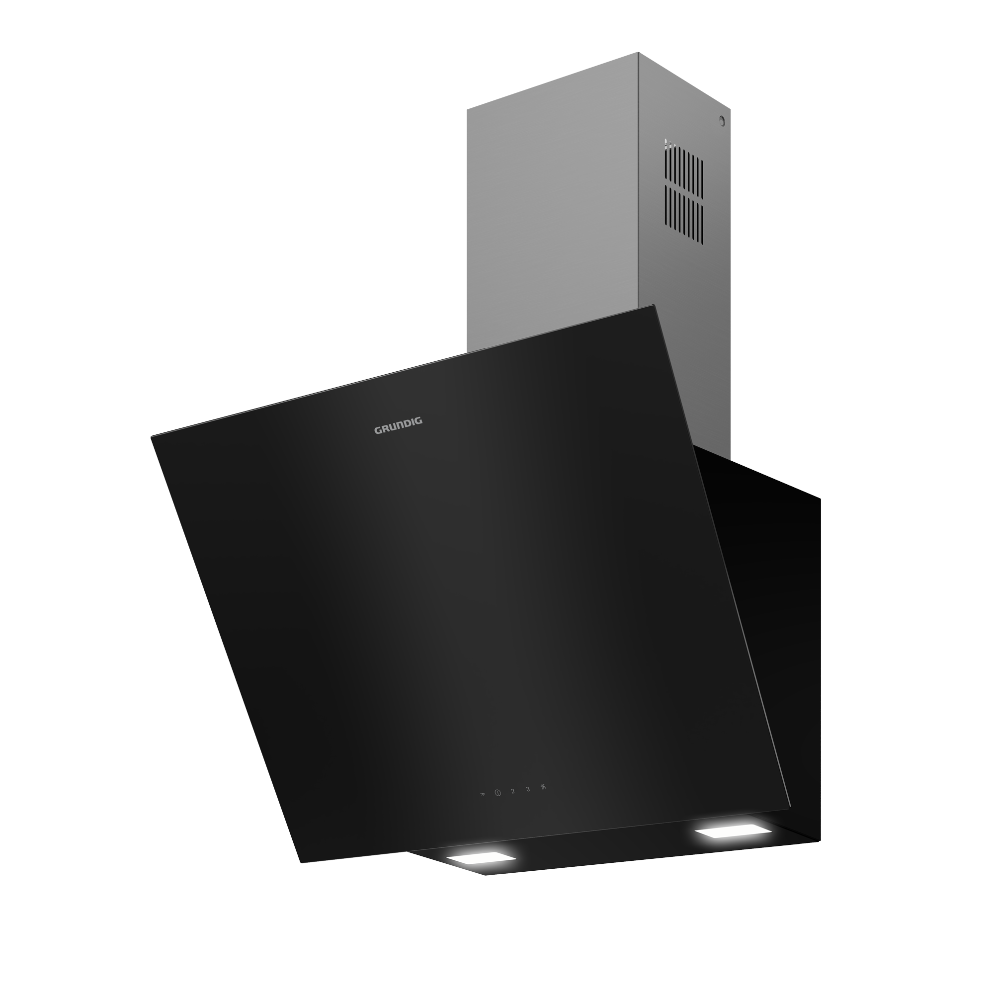 İki ışıklı siyah Grundig davlumbaz, modern tasarım.