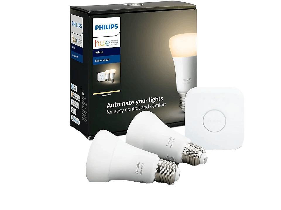 Bombillas Philips Hue blancas y un controlador en una caja.