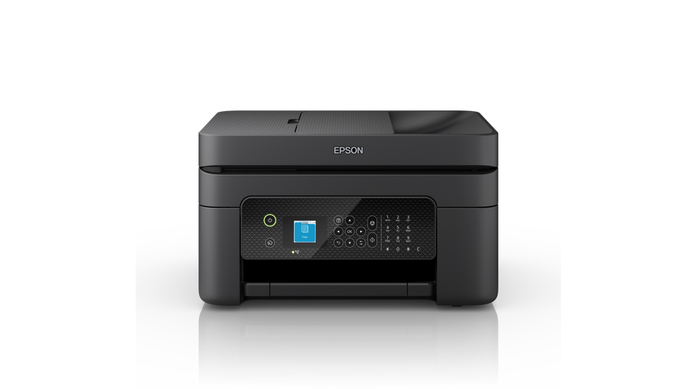 Impresora Epson negra. Vista frontal con pantalla y botones etiquetados.