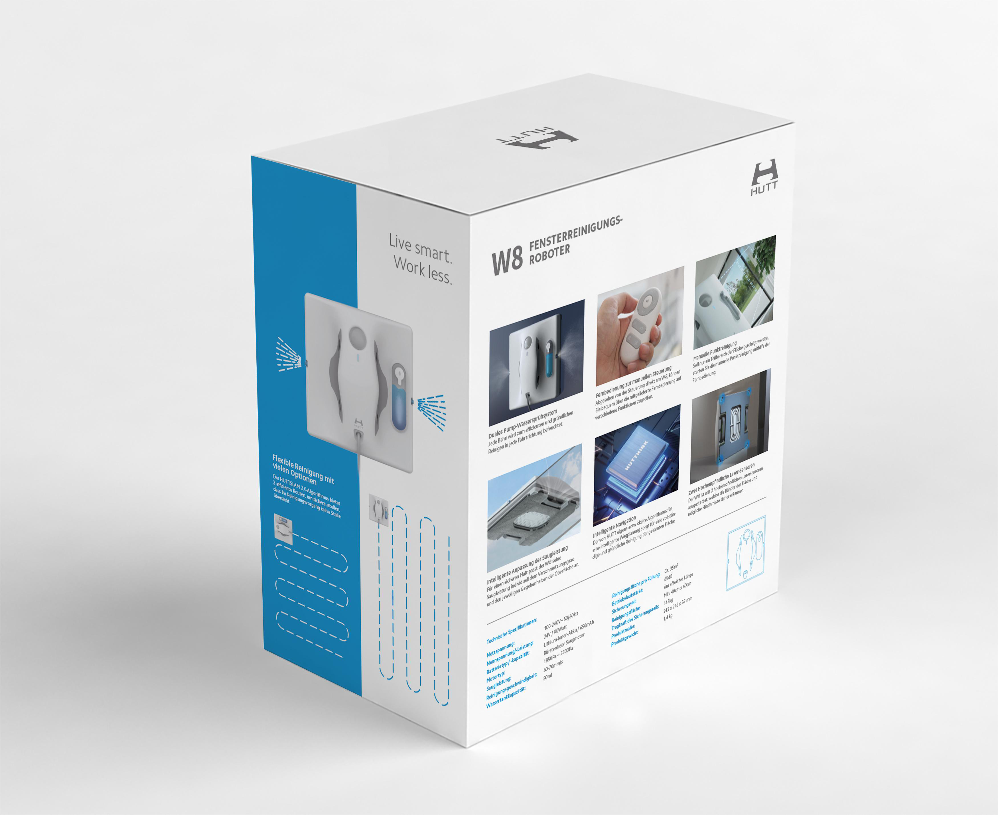 Eine weiße Box mit Bildern und Text, die einen Fensterreinigungsroboter zeigt. Die Box hat einen weißen Hintergrund.