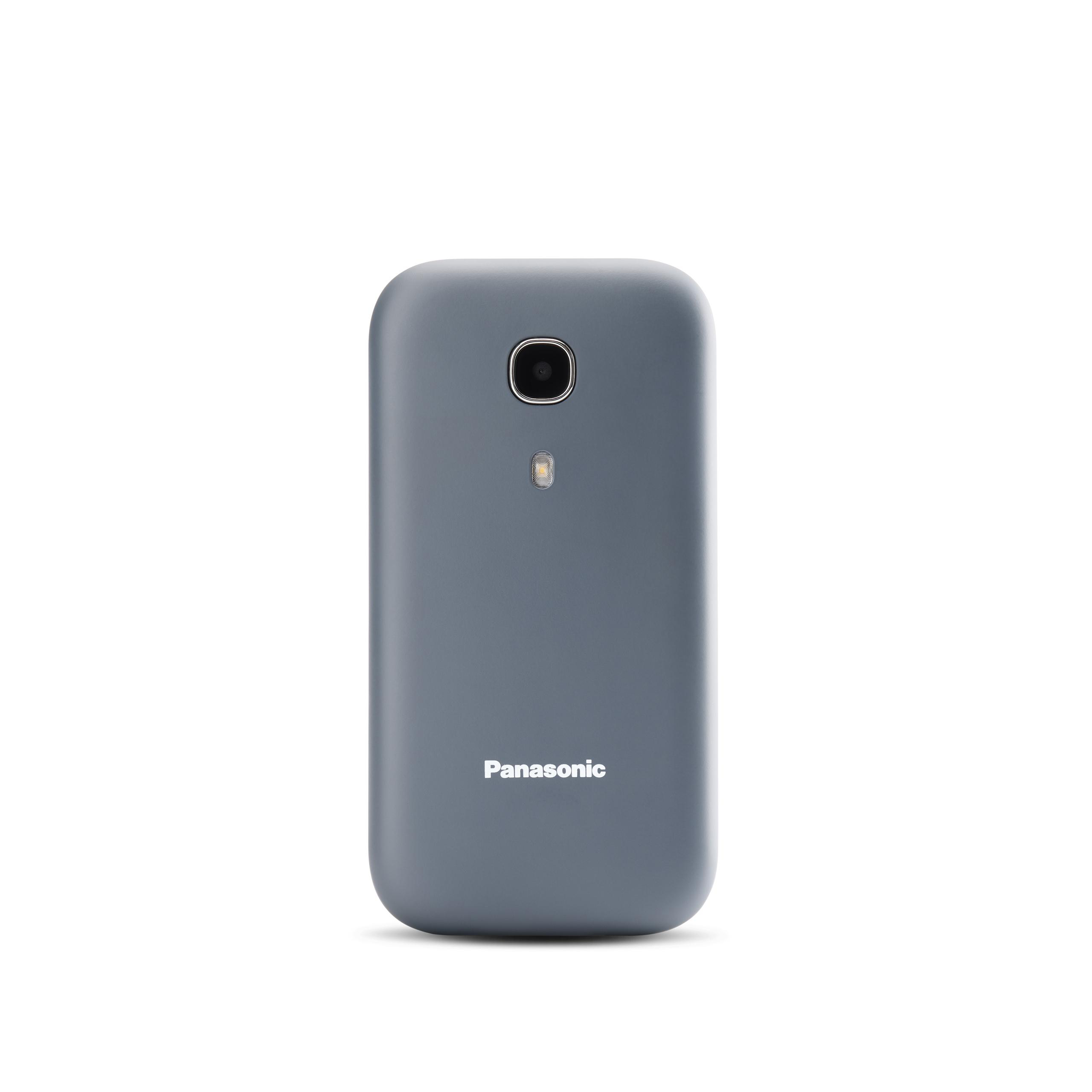 Rückansicht eines grauen Panasonic-Telefons mit Kamera und Panasonic-Logo.