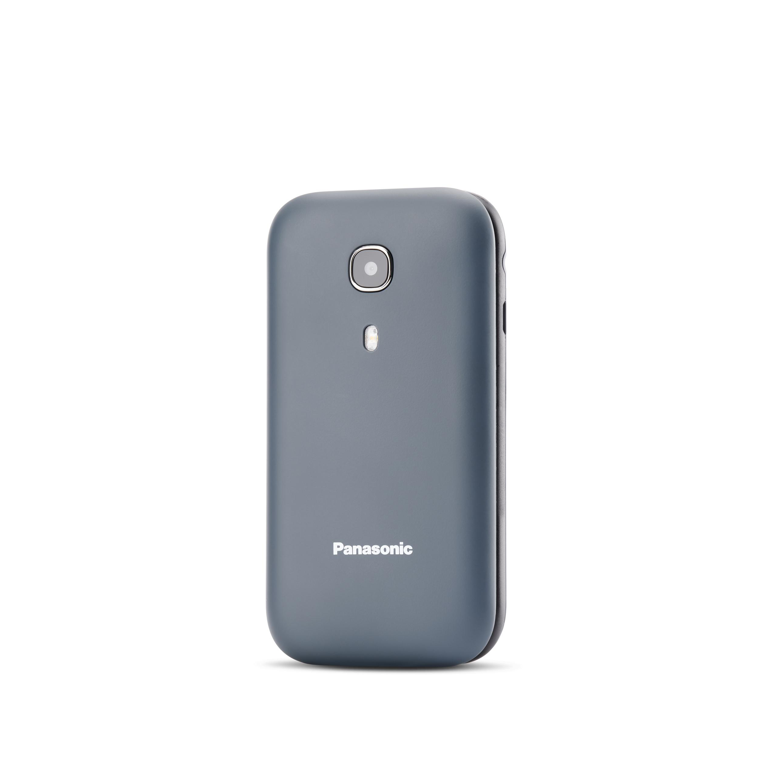 Graue Telefonrückseite mit Kamera und Panasonic-Logo.