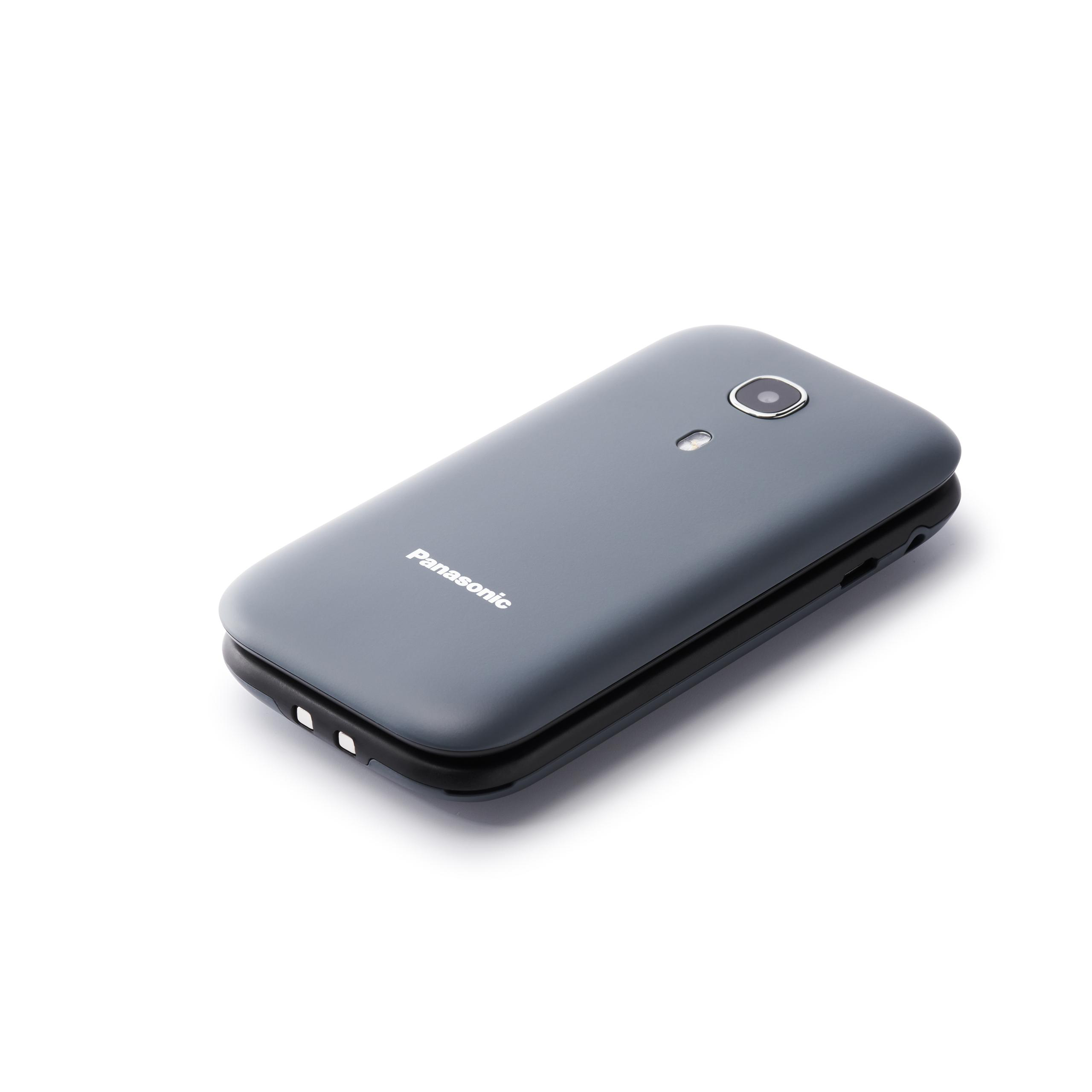 Ein geschlossenes graues Panasonic Klapphandy. Das Telefon hat eine Kamera und das Panasonic Logo vorne.