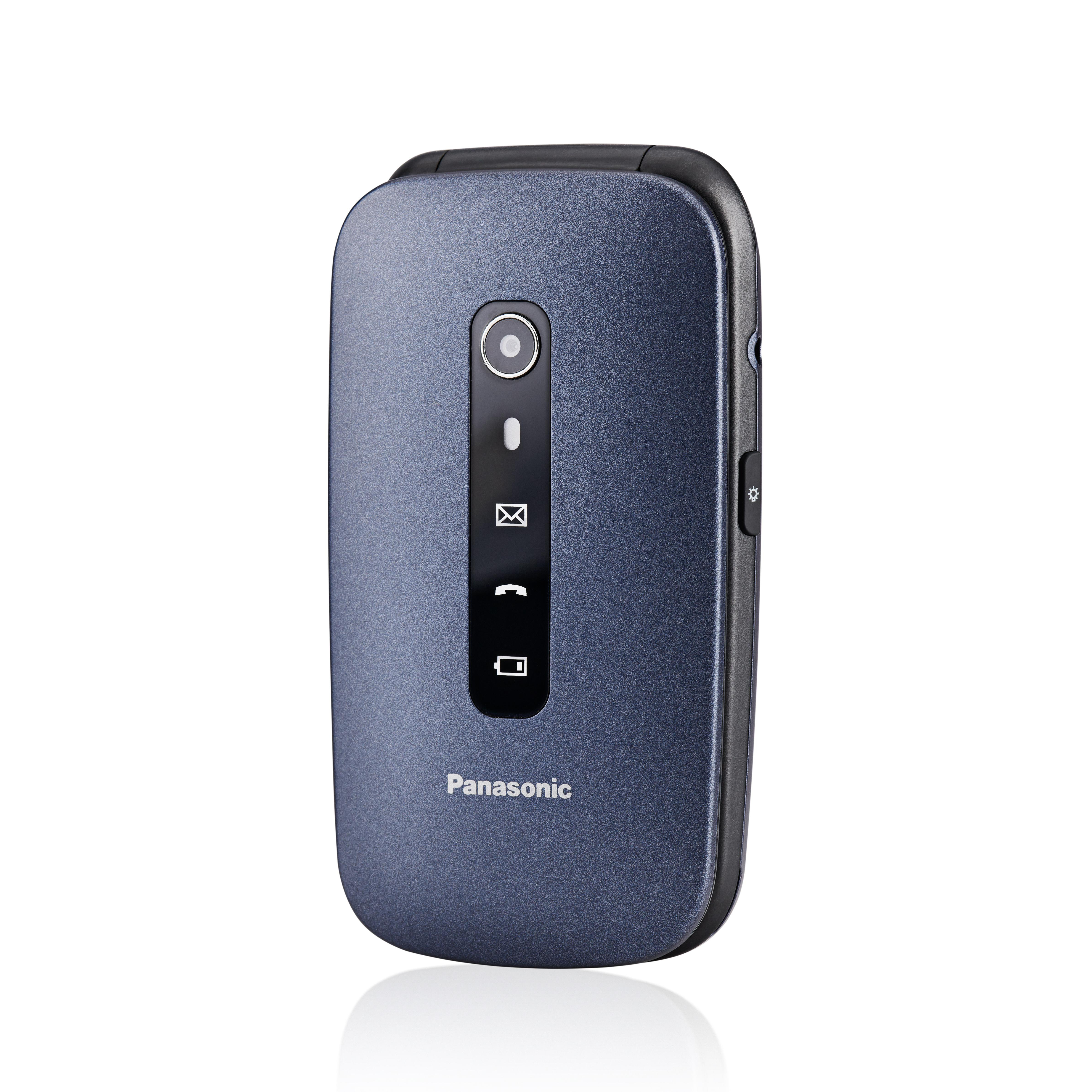 Blaues Klapphandy mit Panasonic-Logo und Symbolen. Es hat eine Kamera und Knöpfe.