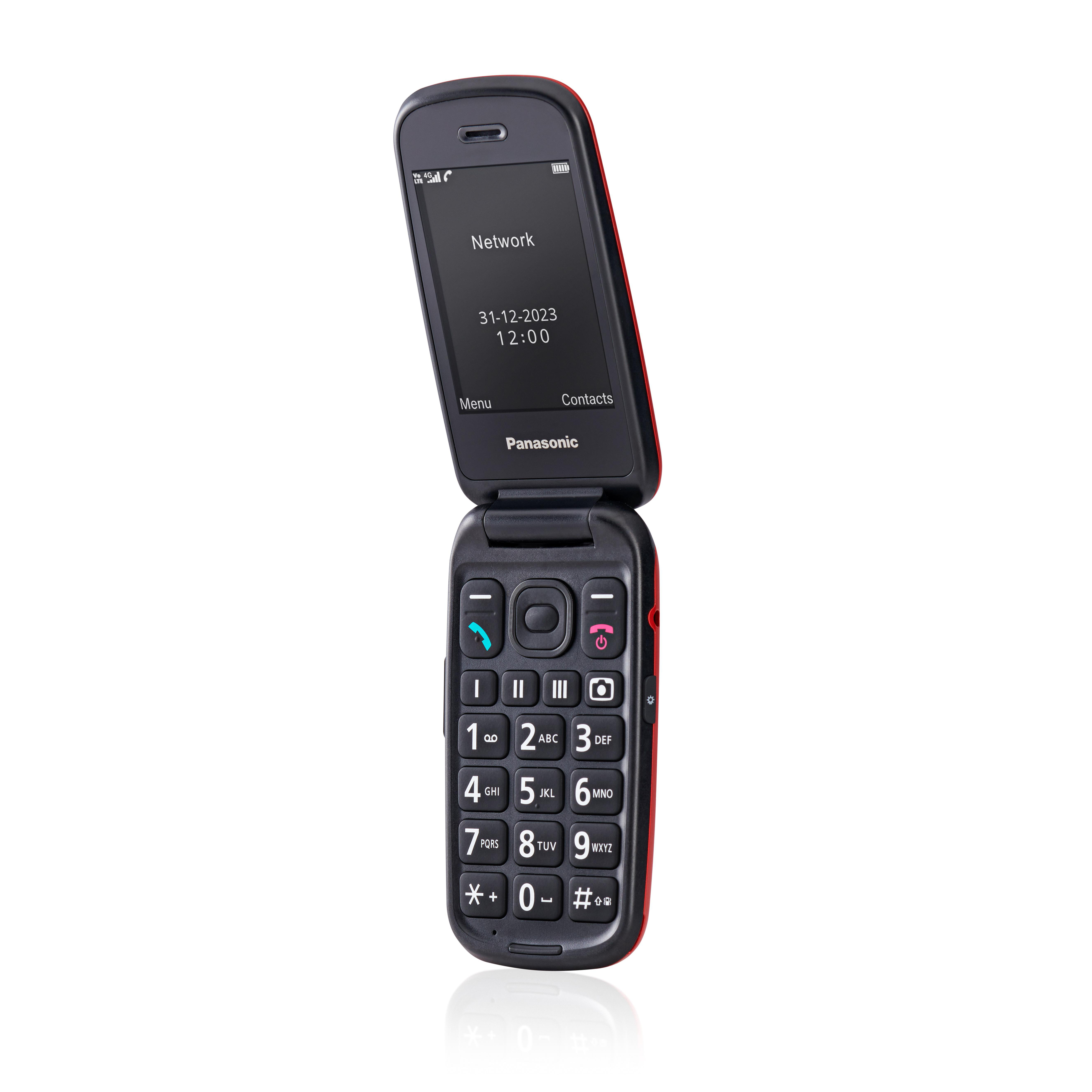 Ein Panasonic Klapphandy, rote Ränder, geöffnet, zeigt Datum und Uhrzeit. Die Tastatur ist sichtbar.