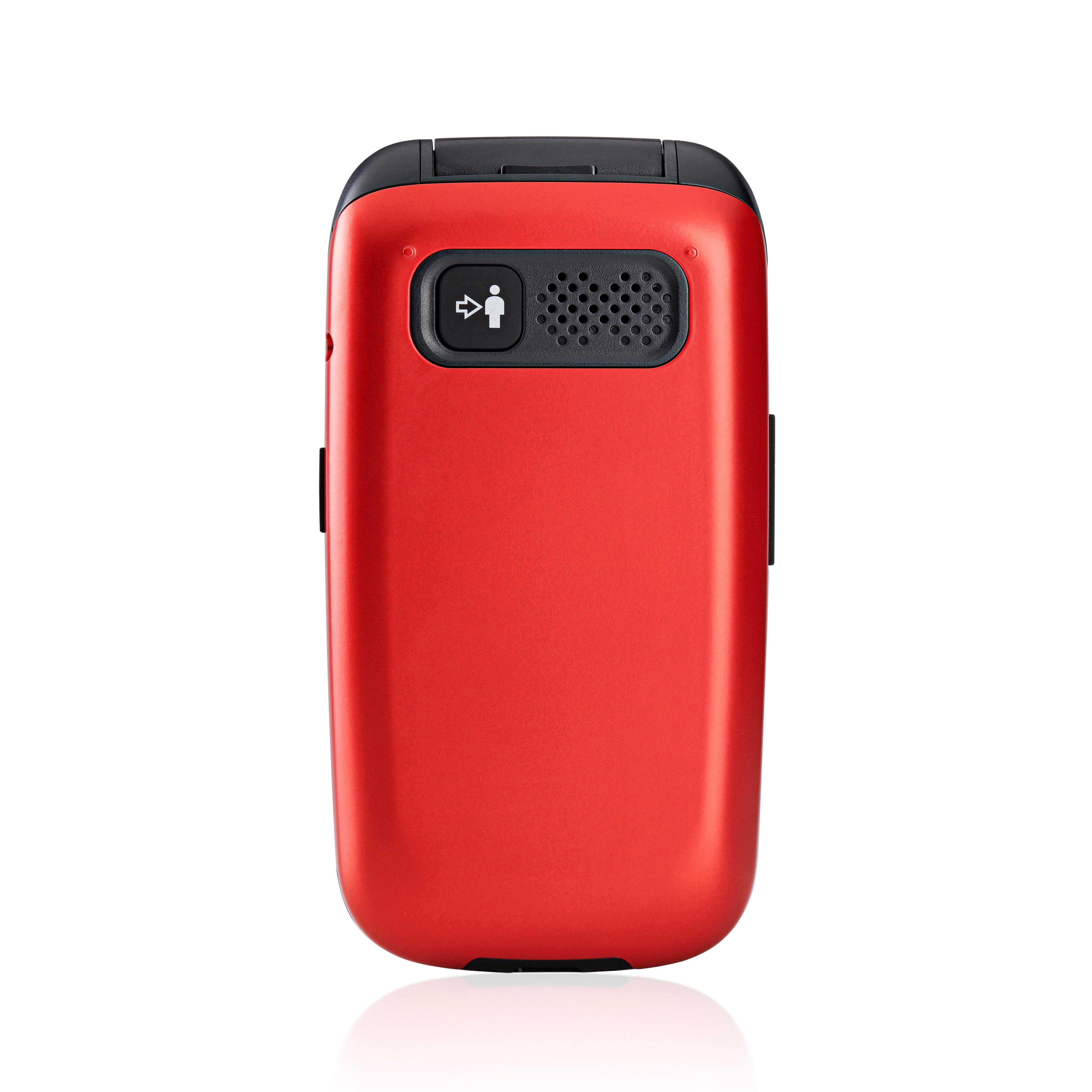 Rotes Telefon mit einer Taste, die eine Person und einen Pfeil zeigt. Das Telefon ist vor weißem Hintergrund.
