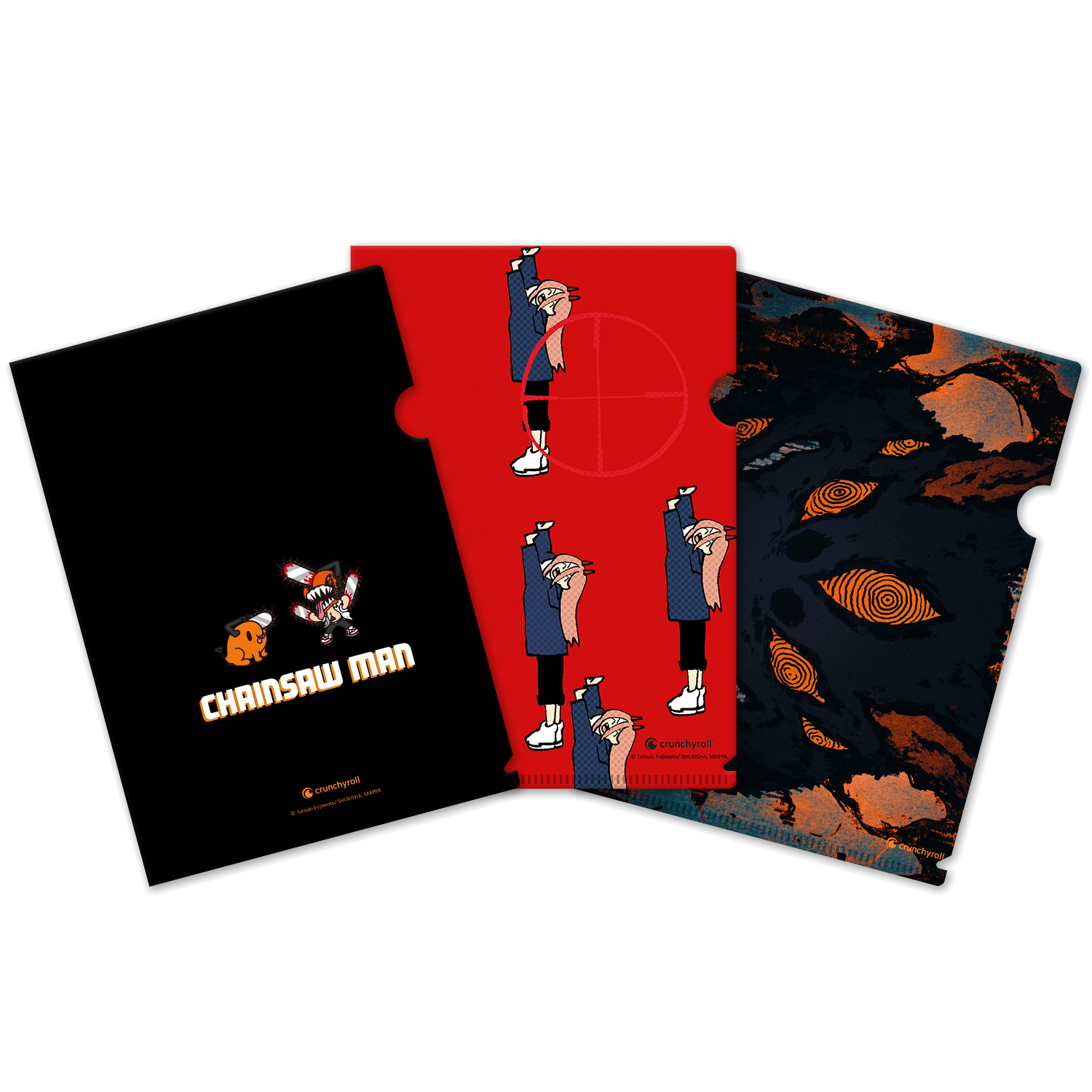 Drei Chainsaw Man Manga-Cover. Enthält Charaktere, Manga-Titel und Crunchyroll-Logos.