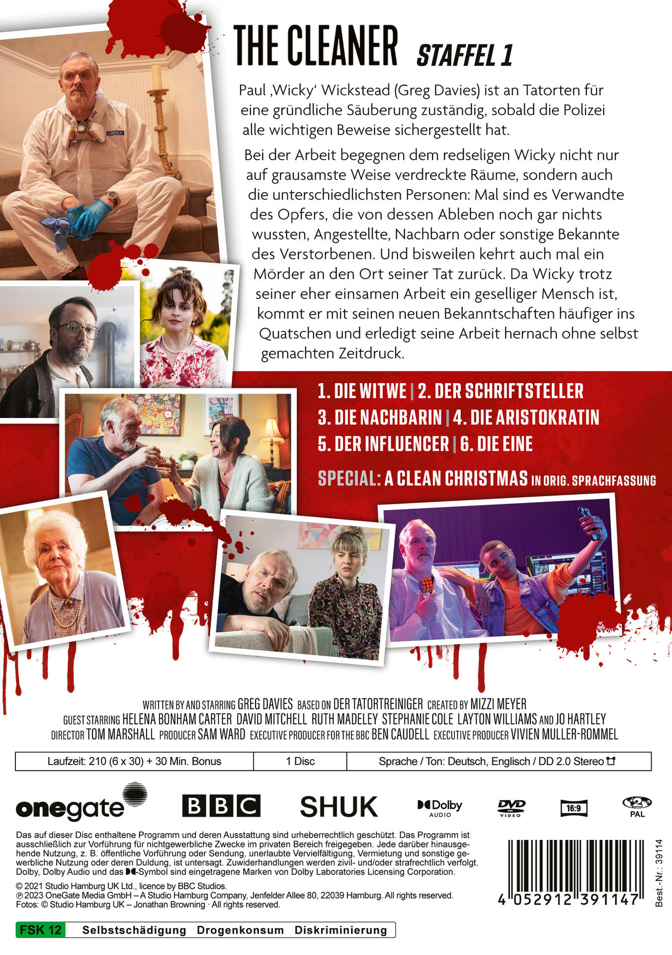 DVD-Cover für "The Cleaner", Staffel 1, mit Schauspieler im Hintergrund, Bildern von Schauspielern und einer Episodenliste.