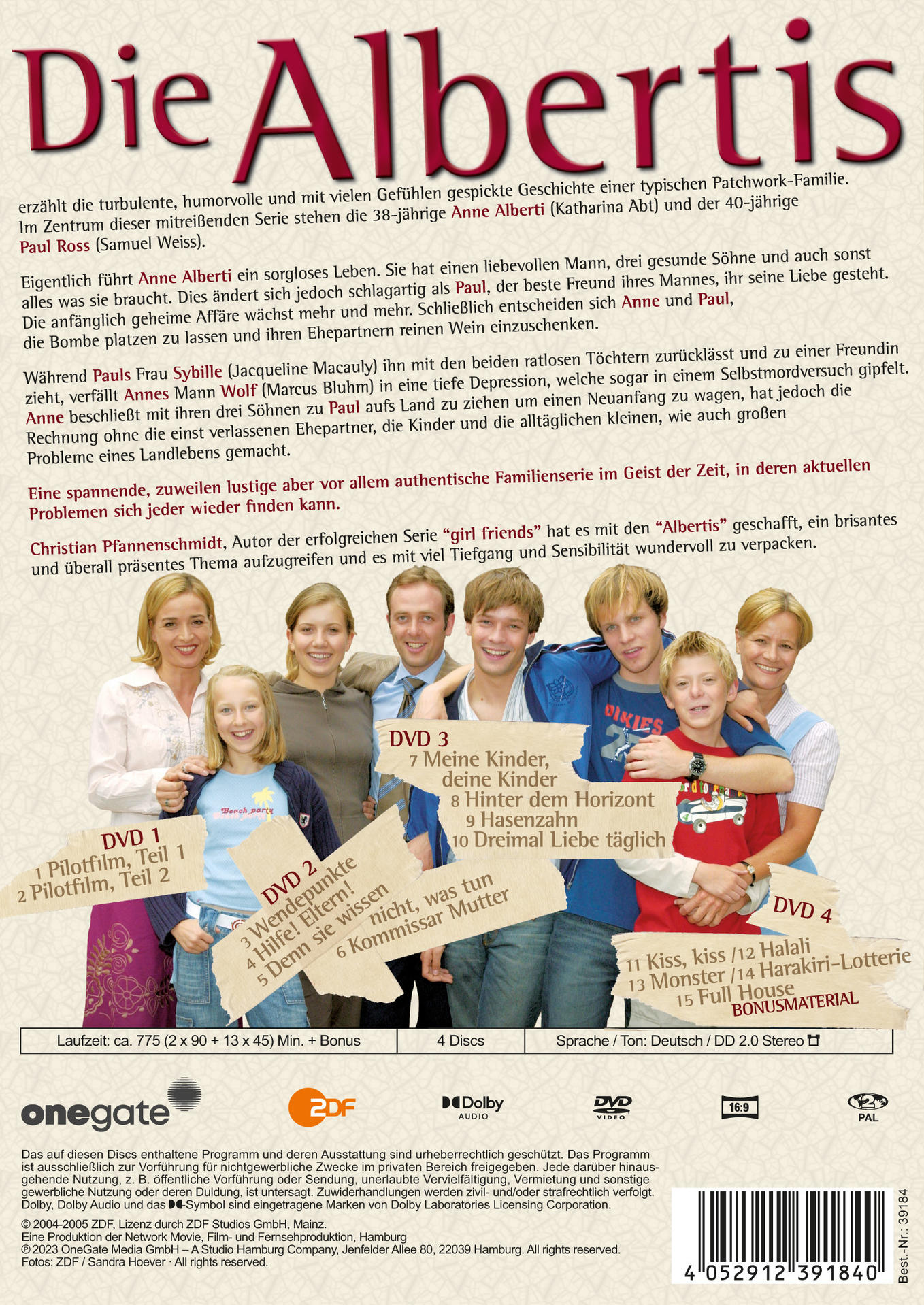 DVD-Cover für "Die Albertis", eine deutsche Fernsehserie. Mit Cast-Fotos, Episodentiteln und einem Show-Logo.