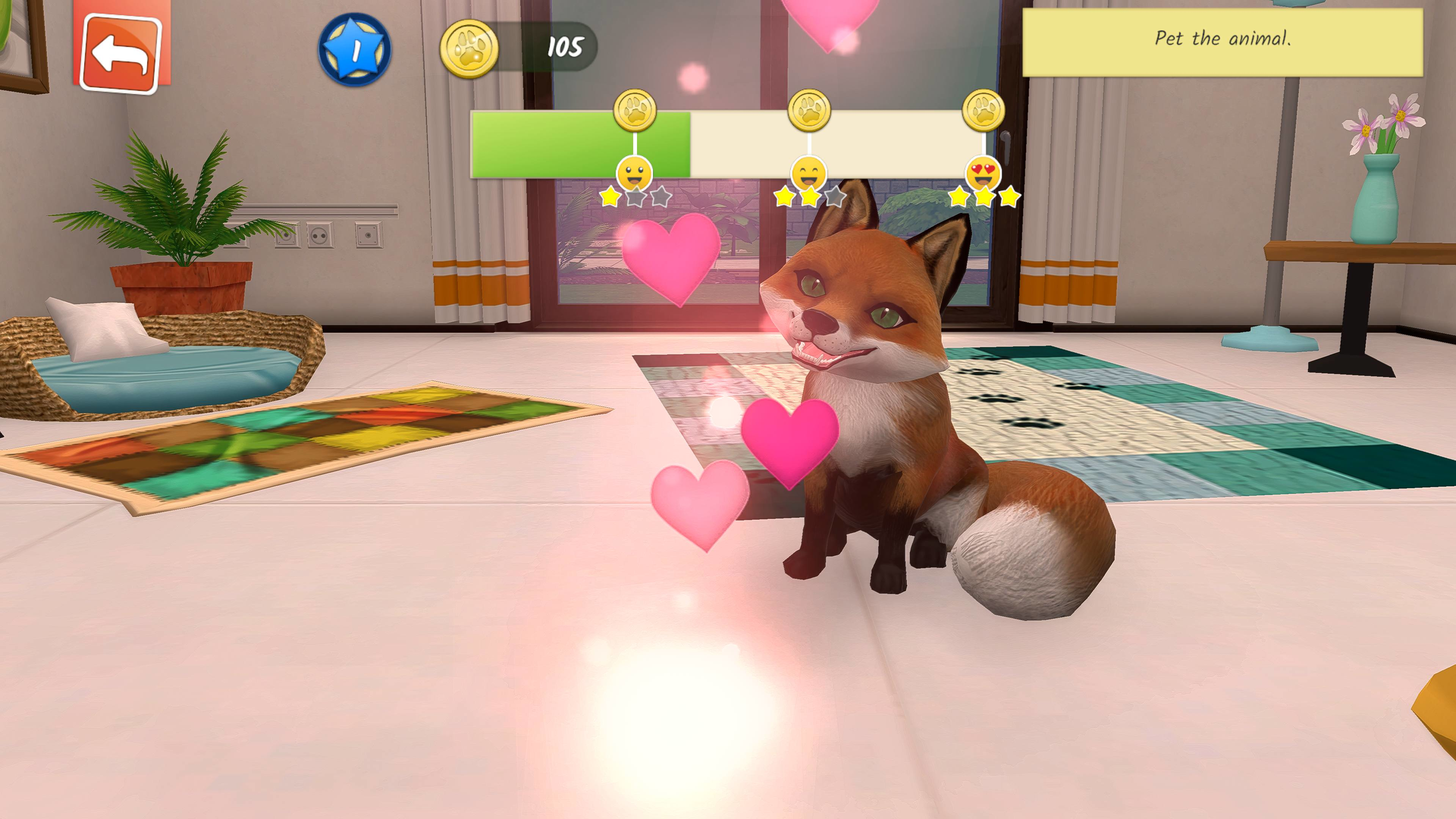 Ein Fuchs in einem Spiel, umgeben von Herzen, mit einer Fortschrittsleiste.