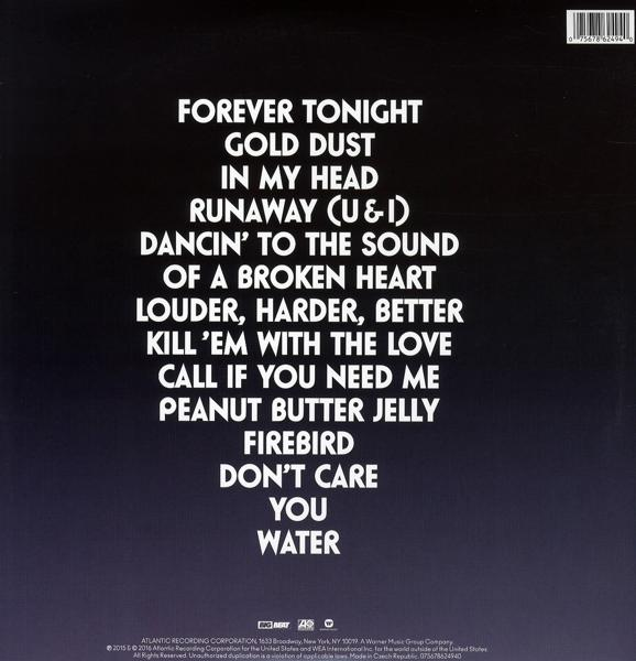 Albumcover mit Titelliste auf dunklem Hintergrund.