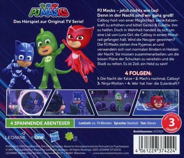 Rückseite einer DVD-Hülle. PJ Masks-Cartoonfiguren sind mit Text in Deutsch dargestellt.