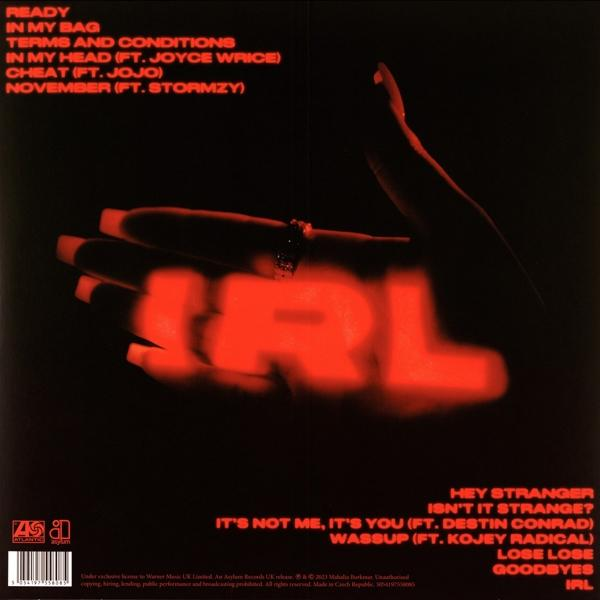 Rückseite eines Albums mit rotem Schriftzug 'IRL' und Songtiteln.