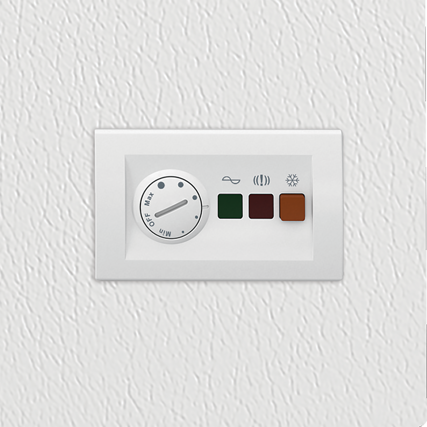 Un panneau de commande blanc avec un cadran et trois boutons colorés est monté sur un mur blanc texturé.