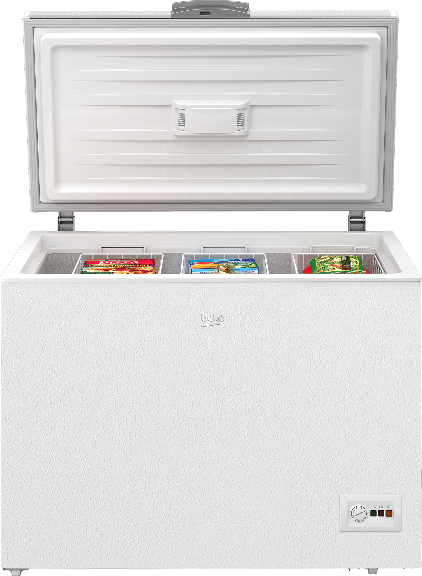 Congélateur coffre blanc avec couvercle ouvert. À l'intérieur, des paniers avec des aliments surgelés. Il a un panneau de contrôle et le logo Beko.