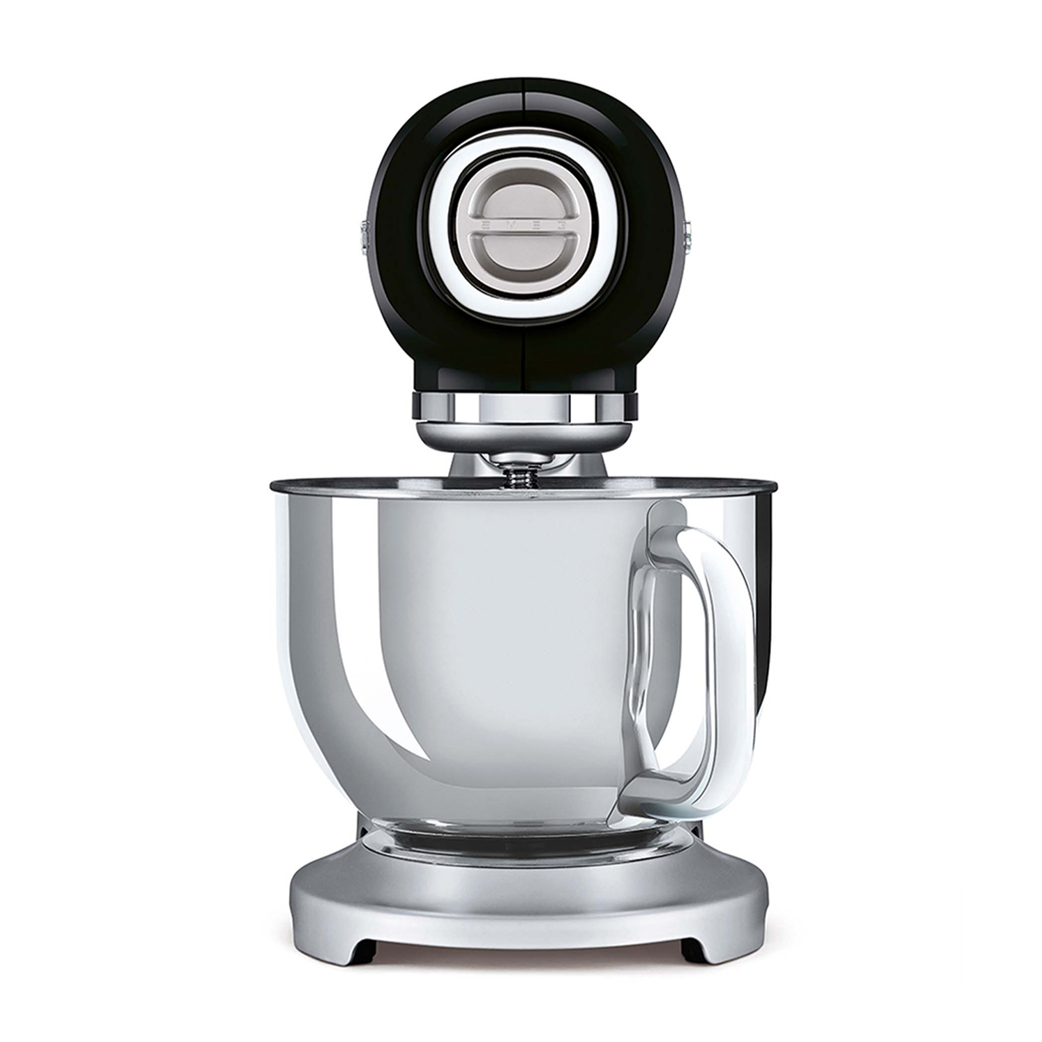 Un mixer a supporto nero e argento su sfondo bianco.