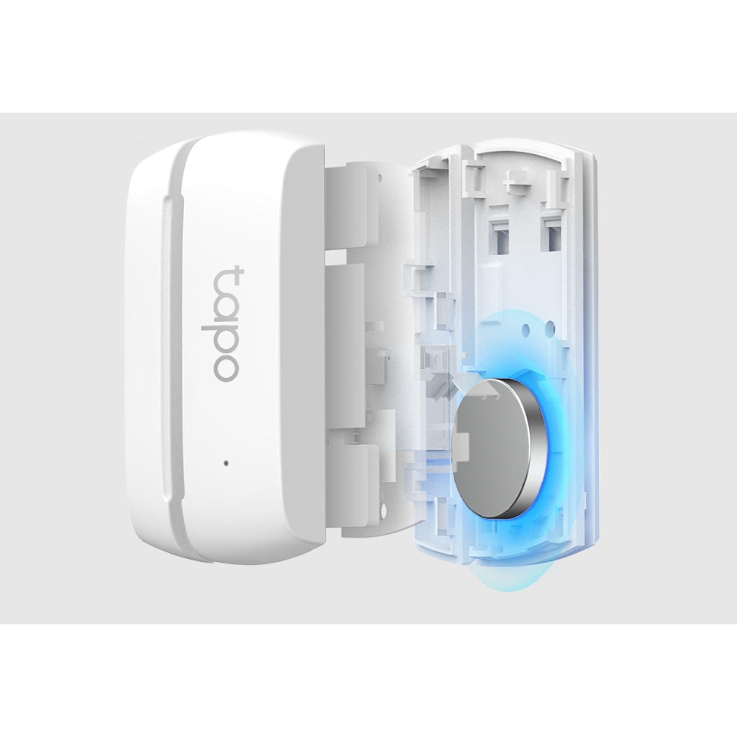Wit Tapo-apparaat, explosie-aanzicht, onthult interne componenten en een batterij.