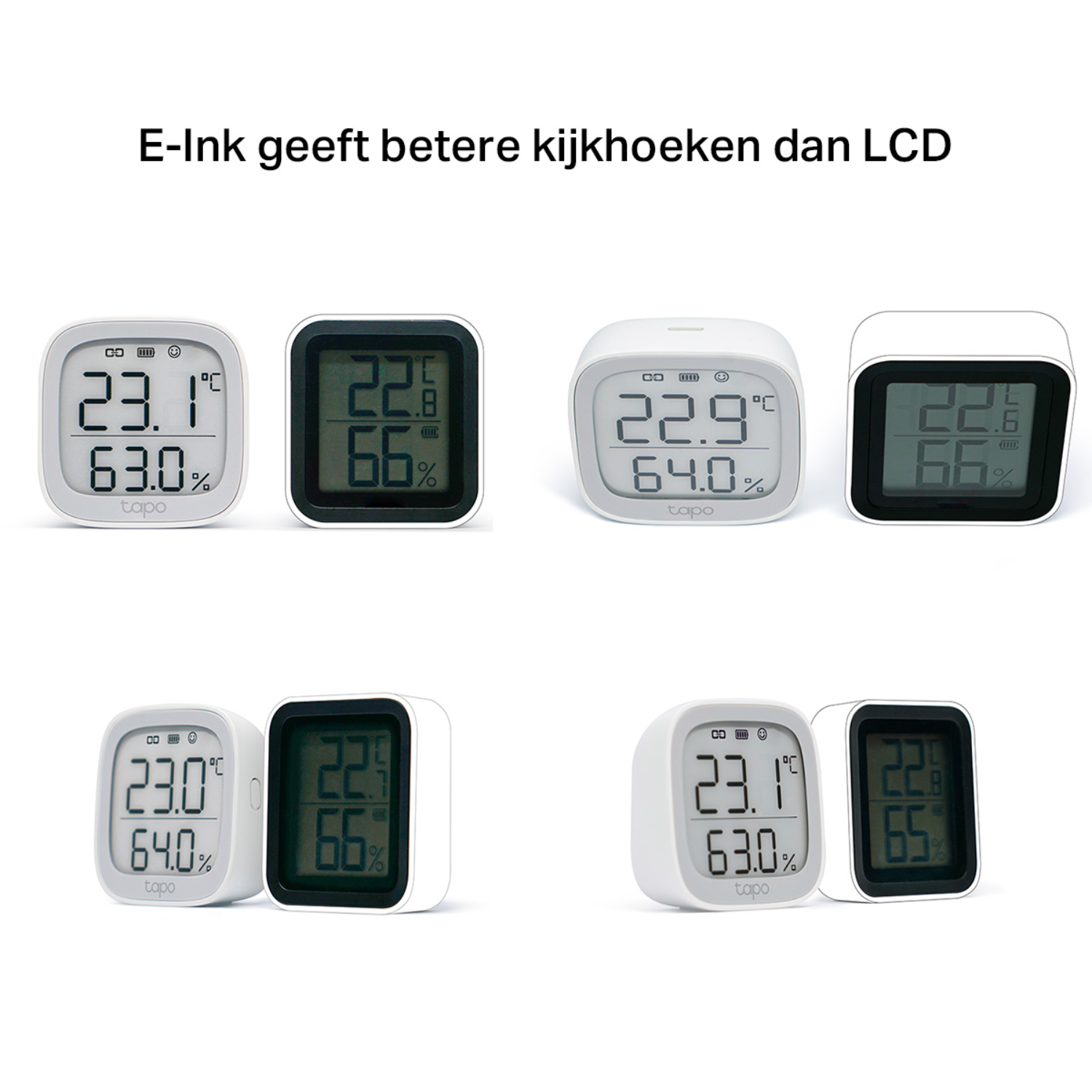 Meerdere slimme huishoudthermometers die metingen weergeven. Wit en zwart design. Witte achtergrond.