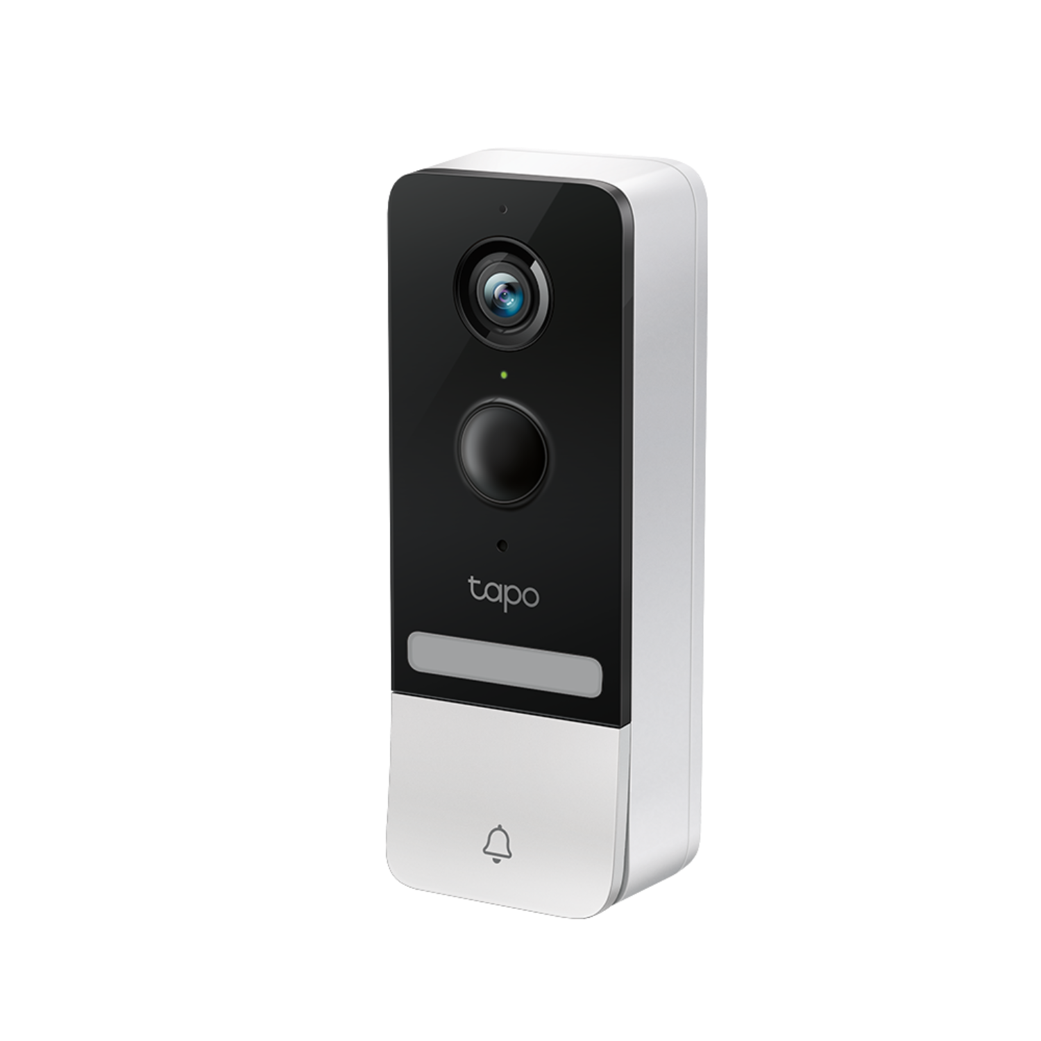 Witte en zwarte Tapo videodeurbel, met een camera en een bel-icoon. Zwarte achtergrond.