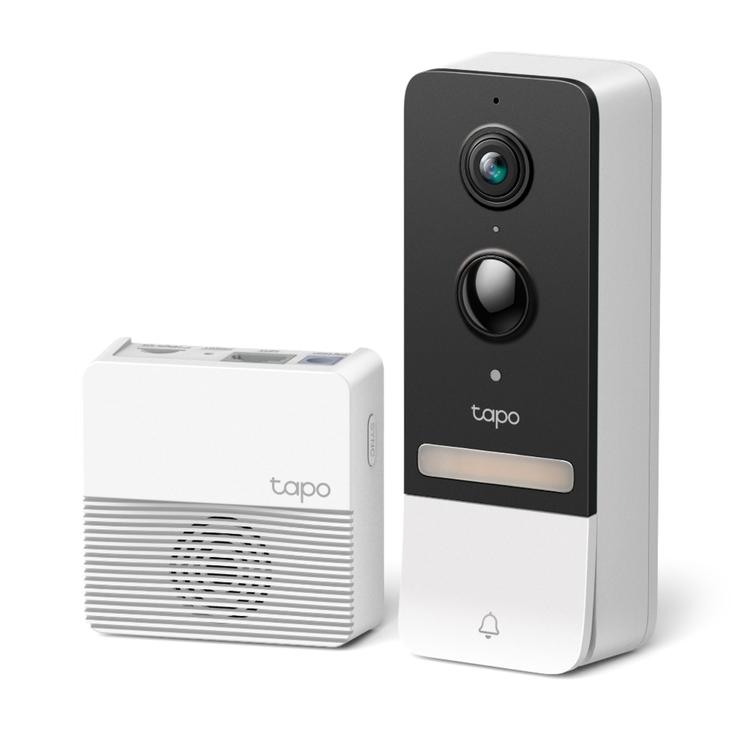 Witte Tapo deurbelcamera en gong, modern design.