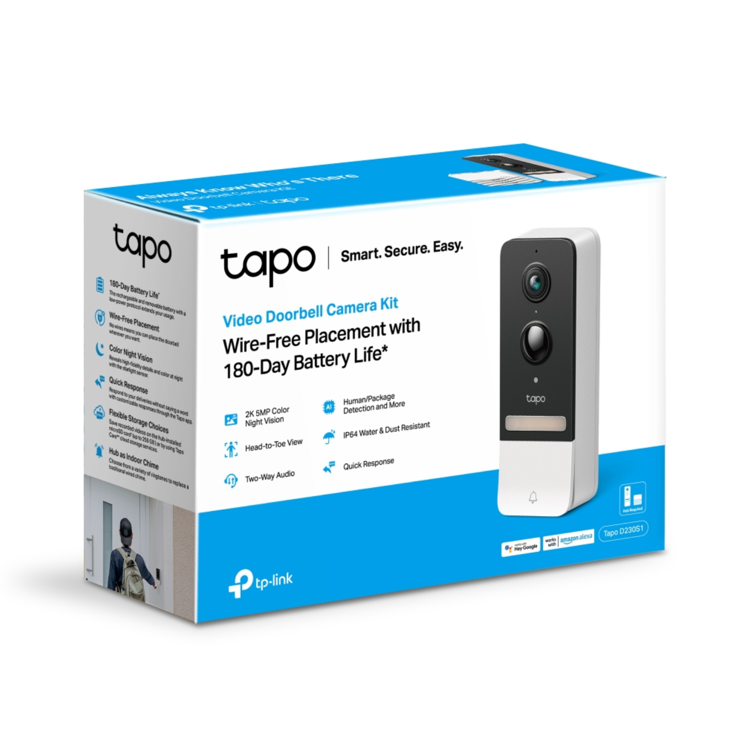 Verpakte Tapo videodeurbelkit. Bevat de deurbelcamera, met branding op de doos en functies.