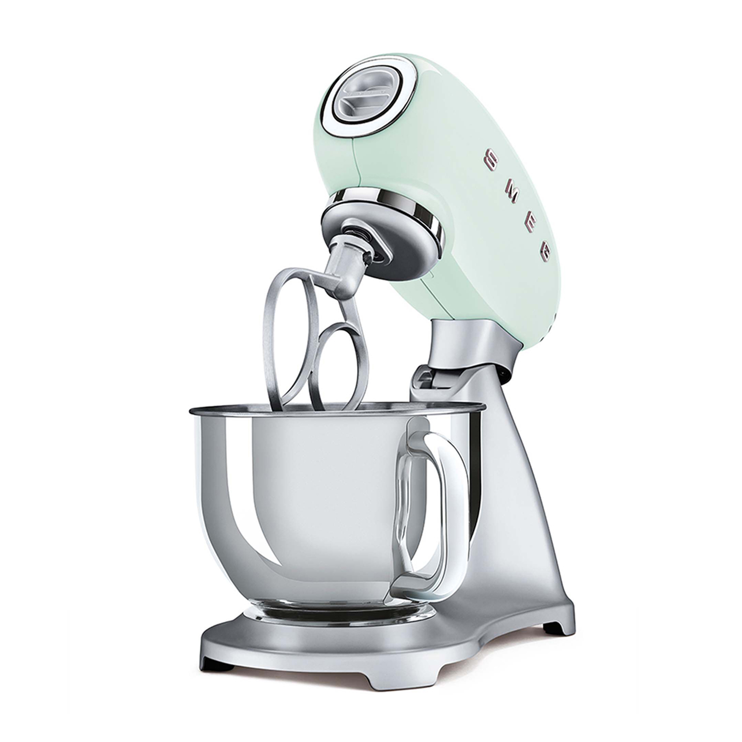 Un mixer a colonna verde menta su sfondo bianco. Sono visibili la ciotola e gli accessori in acciaio inossidabile.