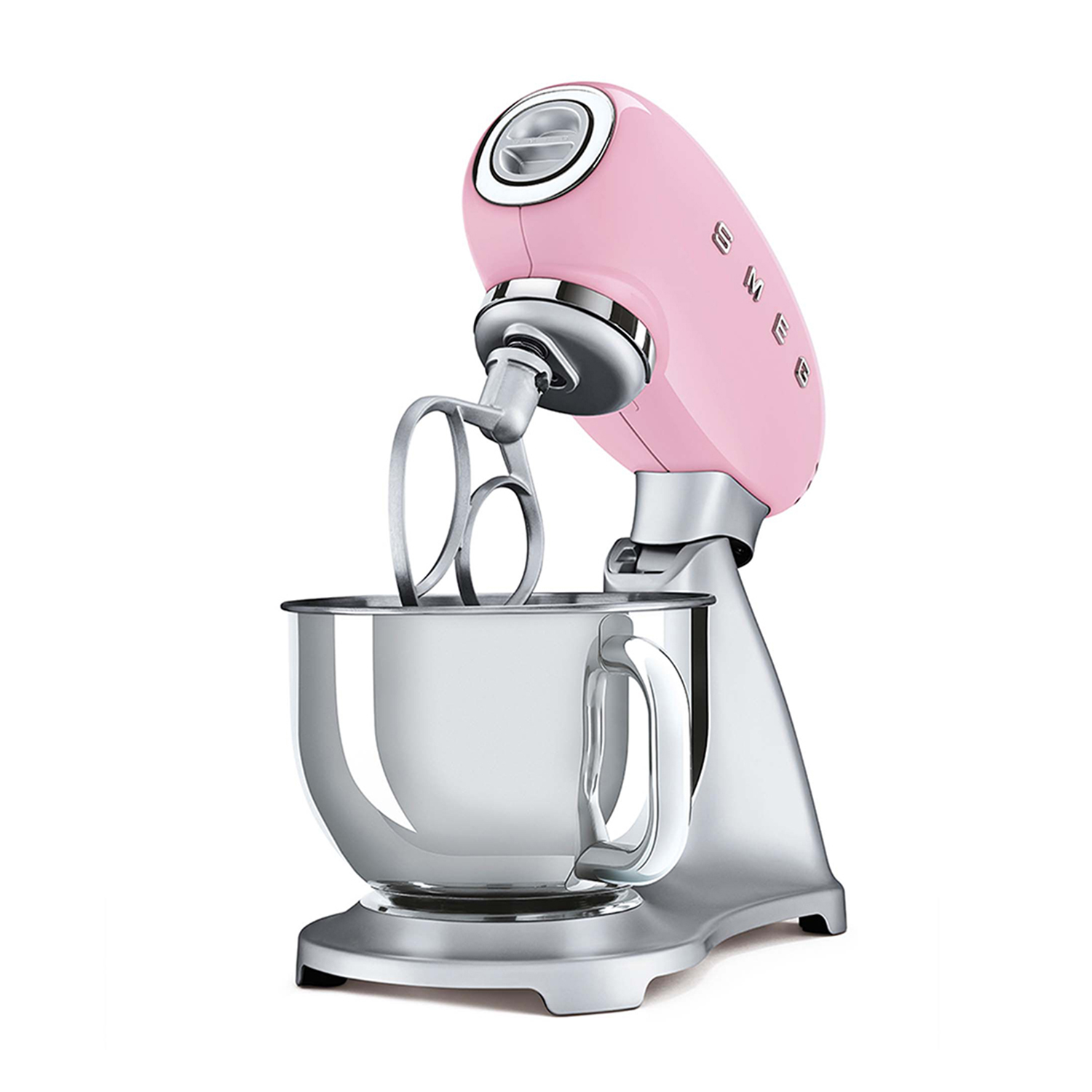 Impastatrice SMEG rosa. Ciotola argentata, fruste, base cromata. Stile retrò.